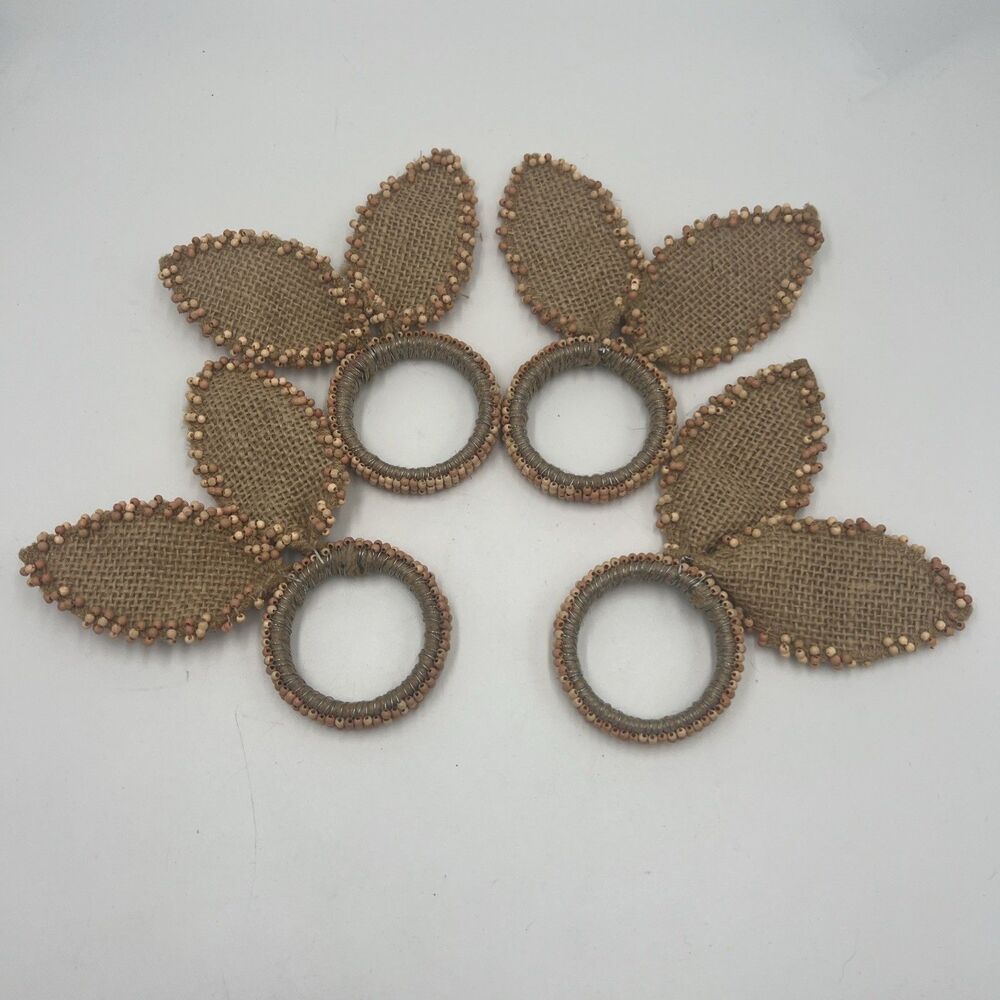 4 Nicole Miller Napkin Ring Easter Bunny Ears Beaded Burlap Tan Set Shabby Chic - Picture 3 of 9